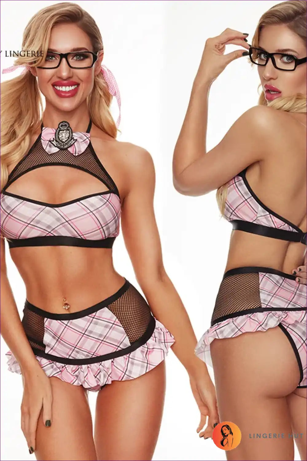 School Girl Costume with Plaid Bodice & Frill Skirt - Retro Mischief Mood for Costume, Cutout, just In,