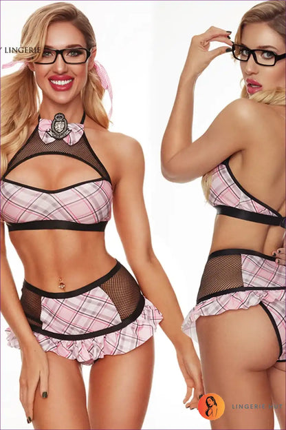 School Girl Costume with Plaid Top & Skirt Set - Sassy Nostalgia Remix for Boudoir, Corset, Costume, Halter,