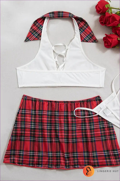 Schoolgirl Costume with Halter Crop Top - Fantasy Roleplay Ready - Outfit Set - Cutout • Mesh • Mini - Lingerie Hut