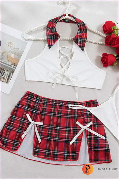 Schoolgirl Costume with Halter Crop Top - Fantasy Roleplay Ready - Outfit Set - Cutout • Mesh • Mini - Lingerie Hut