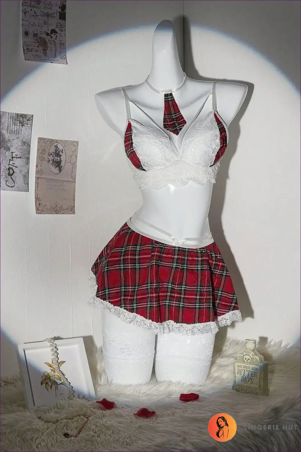 Schoolgirl Costume with Lace Trim and Mini Skirt - Playful Confidence - Outfit Set - Lace • Lingerie • Night in - Hut