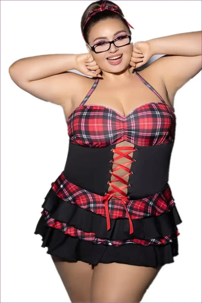 Schoolgirl Costume with Lace-up Corset Front - Daring Confidence - Halloween • just in • Party • Role Play - Lingerie