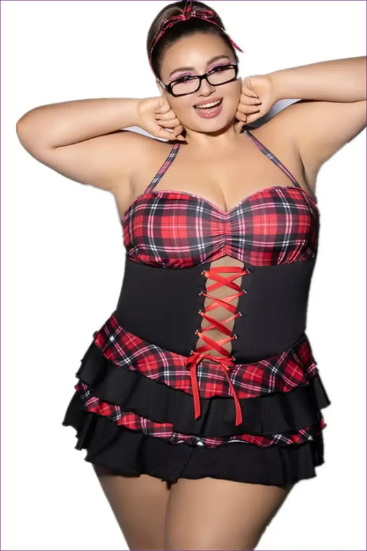 Schoolgirl Costume with Lace-up Corset Front - Daring Confidence - Halloween • just in • Party • Role Play - Lingerie