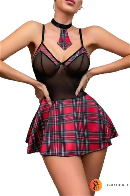 Schoolgirl Costume with Mesh Bodice and Plaid Skirt - Modern Twist for Boudoir, Choker, Costume, Date Night,