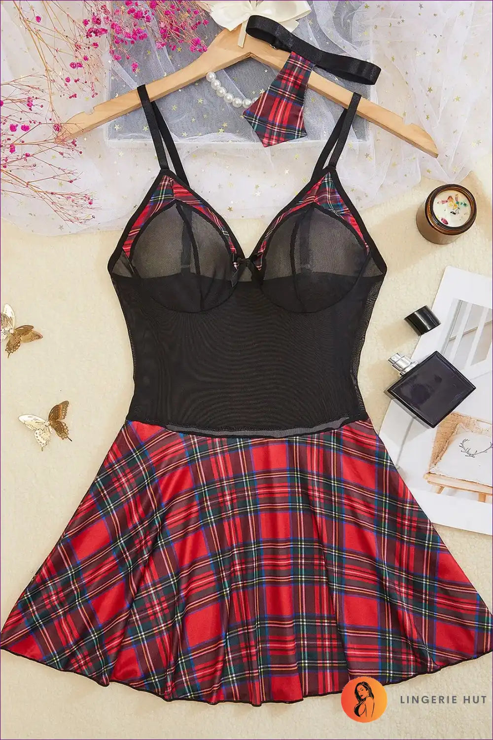 Schoolgirl Costume with Mesh Bodice and Plaid Skirt - Modern Twist for Boudoir, Choker, Costume, Date Night,