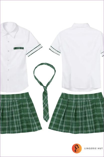Schoolgirl Costume with Necktie Uniform Set - Honor Roll Chic - Green / s - Halloween • just in • Party • Role Play