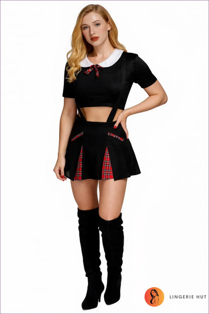 Schoolgirl Costume with Plaid Bow Tie Collar - Preppy Rebel - Halloween • just in • Party • Role Play - Lingerie Hut