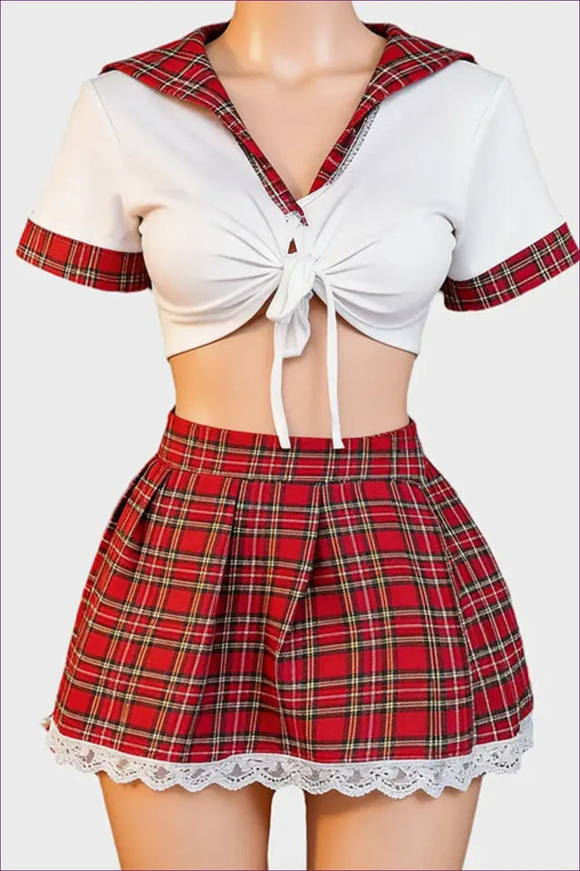 Schoolgirl Costume with Plaid Collar Crop Top - Top Marks Charm