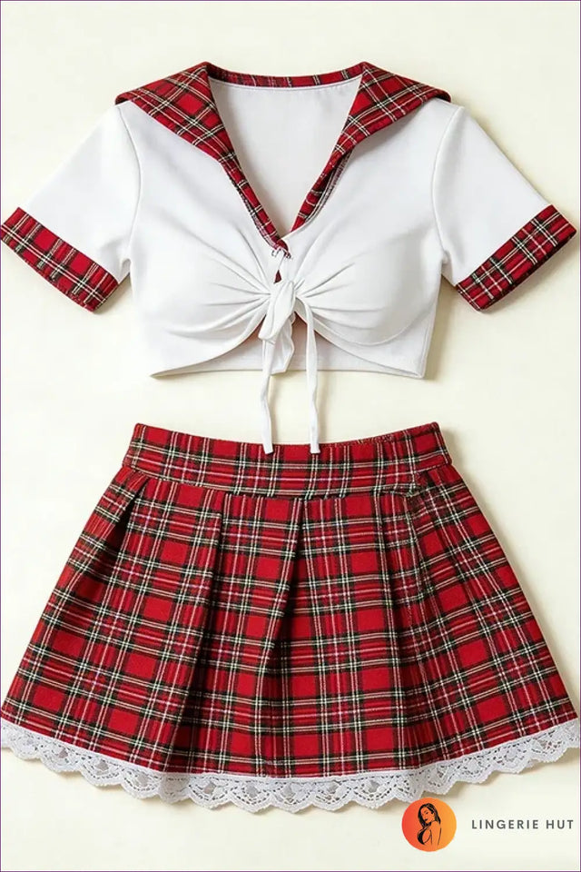 Schoolgirl Costume with Plaid Collar Crop Top - Top Marks Charm