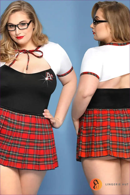 Schoolgirl Costume with Plaid Skirt - Flirty Throwback Energy for Boudoir, Clubwear, Costume, Halloween,