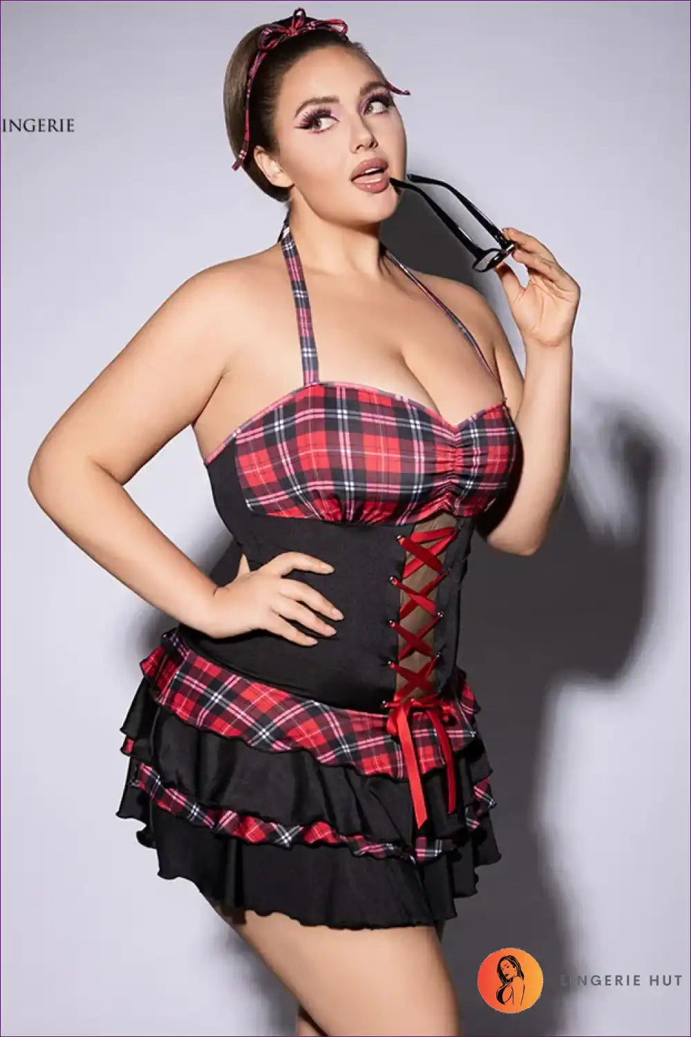 Schoolgirl Costume with Plaid Skirt - Flirty Throwback Energy for Boudoir, Clubwear, Costume, Halloween,