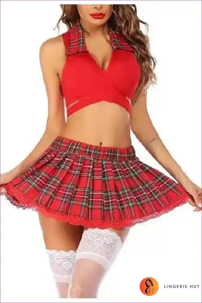 Schoolgirl Costume with Plaid Skirt & Tie Front Top - Bold Bedroom Drama for Boudoir, Costume, Crop, just In,