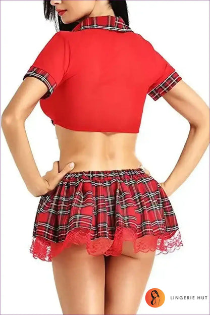 Schoolgirl Costume with Plaid Skirt & Tie Front Top - Bold Bedroom Drama for Boudoir, Costume, Crop, just In,