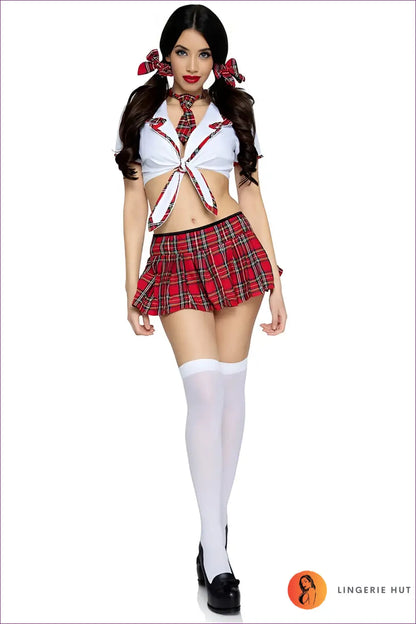 Schoolgirl Costume with Plaid Tie Neck Detail - Pigtail Perfect - Halloween • just in • Party • Role Play - Lingerie Hut