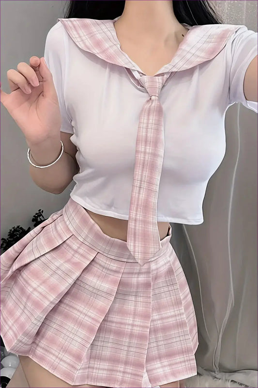 Schoolgirl Costume Set with Pink Plaid Skirt & Tie - Soft Playful Prep - Outfit - Lingerie Hut - Casual • Crop • Mini