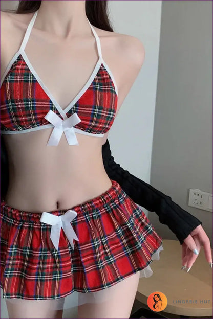 Schoolgirl Costume Set with Plaid Skirt - Fantasy Roleplay Ready - Bra - Lingerie Hut - Boudoir • Halter • Mini