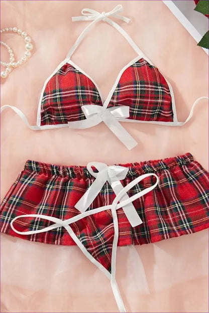 Schoolgirl Costume Set with Plaid Skirt - Fantasy Roleplay Ready - Red / s - Bra - Lingerie Hut - Boudoir • Halter