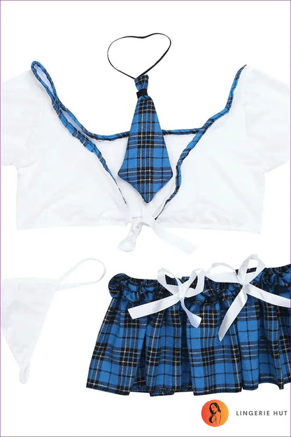 Schoolgirl Costume Set with Plaid Skirt - Playful Weeknight Escape for Boudoir, co Ord, Costume, Cotton, Crop