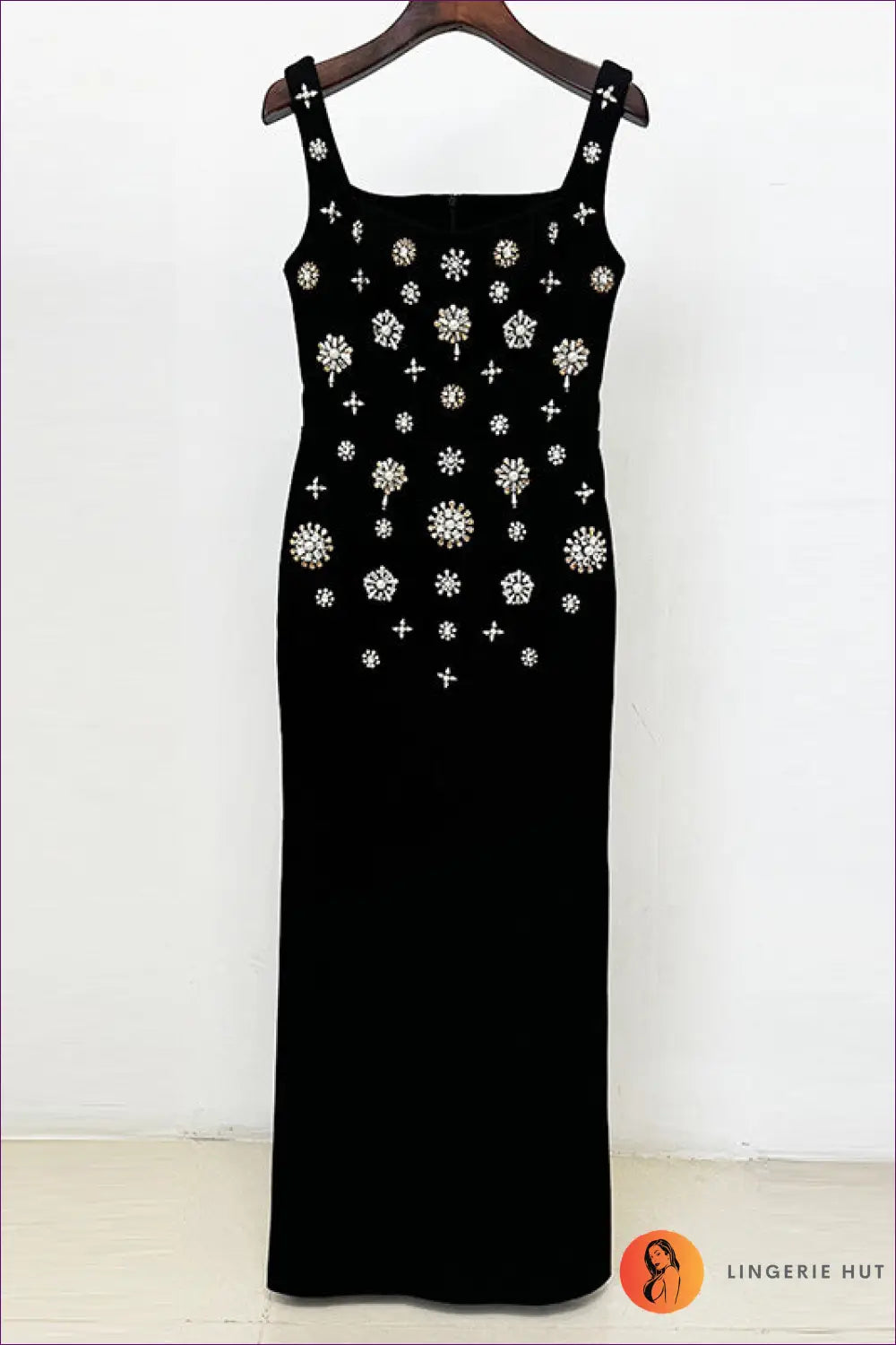 Scoop Neck Beaded Maxi Dress - Rhinestone Bodice - s / Black - Bodycon • just in • Olady