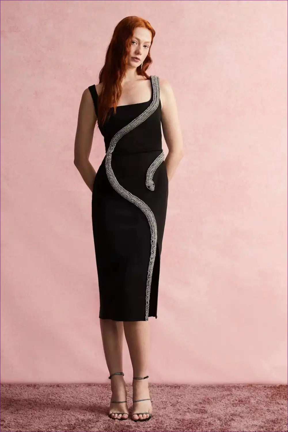 Sculpted Knit Midi Dress with Rhinestone Snake Trim - Night-out Drama