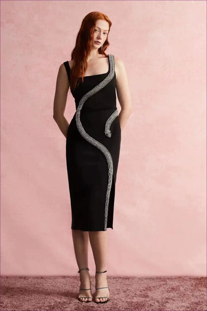 Sculpted Knit Midi Dress with Rhinestone Snake Trim - Night-out Drama