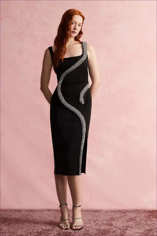 Knit Midi Bodycon Dress with Rhinestone Snake - Night-Out Drama