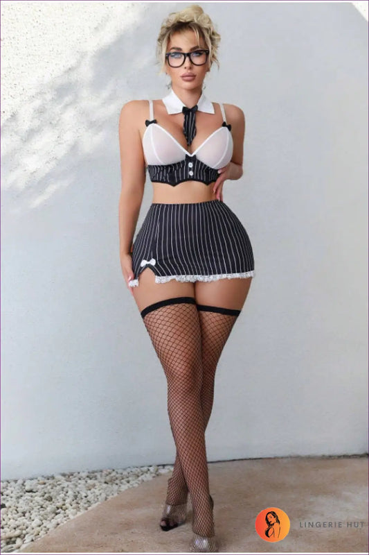 Secretary Costume with Pinstripe Details - Power Fantasy Edit - s / Multi - Outfit Set - Lingerie Hut - Fishnet