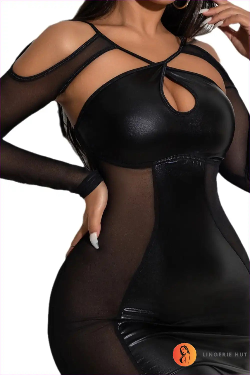 Seductive Black Mesh & Leather-look Bodycon Dress - Unleash your Inner Diva for Bodycon, Clubwear, Cutout,