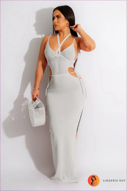 Elevate Your Beach Style With Our Seductive Halter Backless Maxi Knitted Beach Dress. Sensuality And Elegance