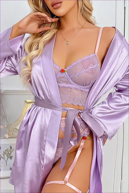 Get Ready To Embrace Sensual Comfort With Our Seductive Lace-up Lingerie Set! Layer The Captivating Satin Robe