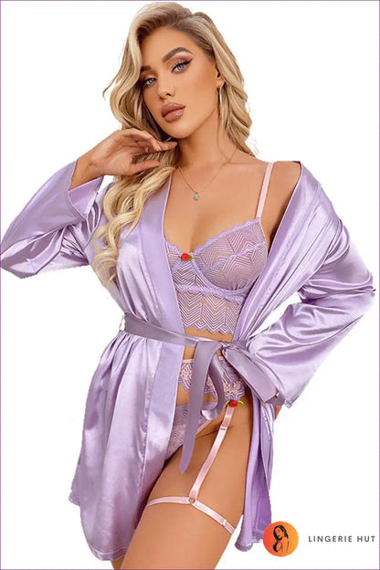 Get Ready To Embrace Sensual Comfort With Our Seductive Lace-up Lingerie Set! Layer The Captivating Satin Robe