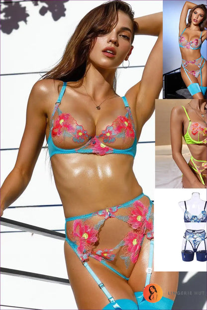 Confident Siren, Indulge In Allure With The Underwired Sheer Set And Multi-color Floral Pattern! Feel