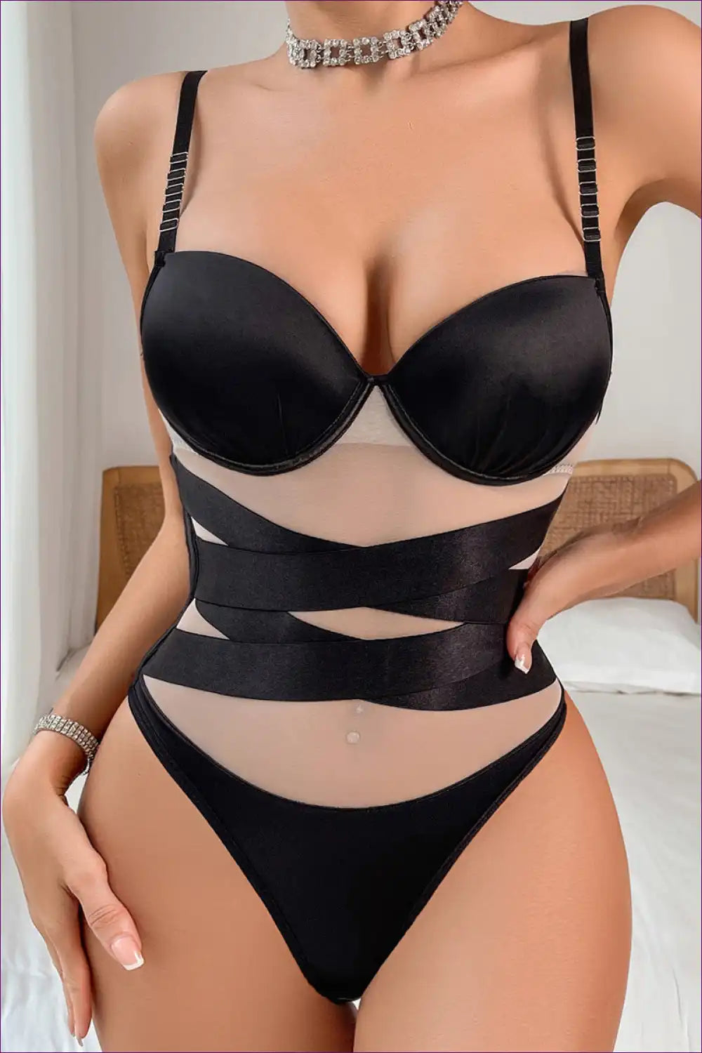 Seductive Mesh Panel Bodysuit ?? Strappy Chic for Bodysuit, Boudoir, Clubwear, Cutout, Date Night