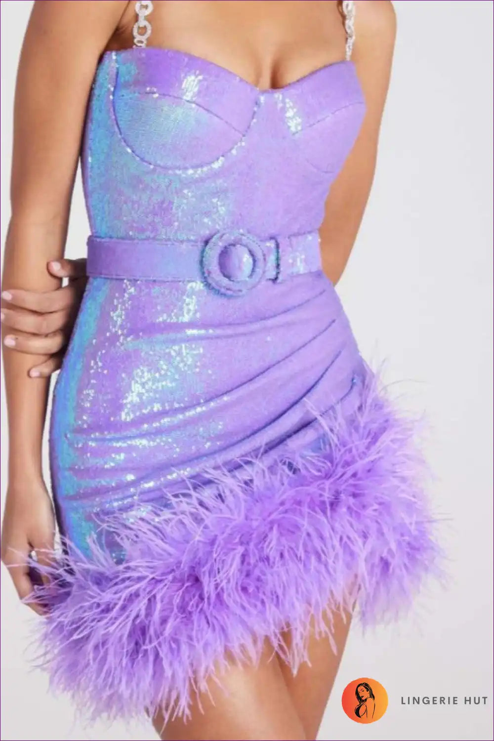 Unleash Your Inner Diva With Lingerie Hut’s Sensational Sequin Sheath Feather Pleated Dress. Limited Stock.