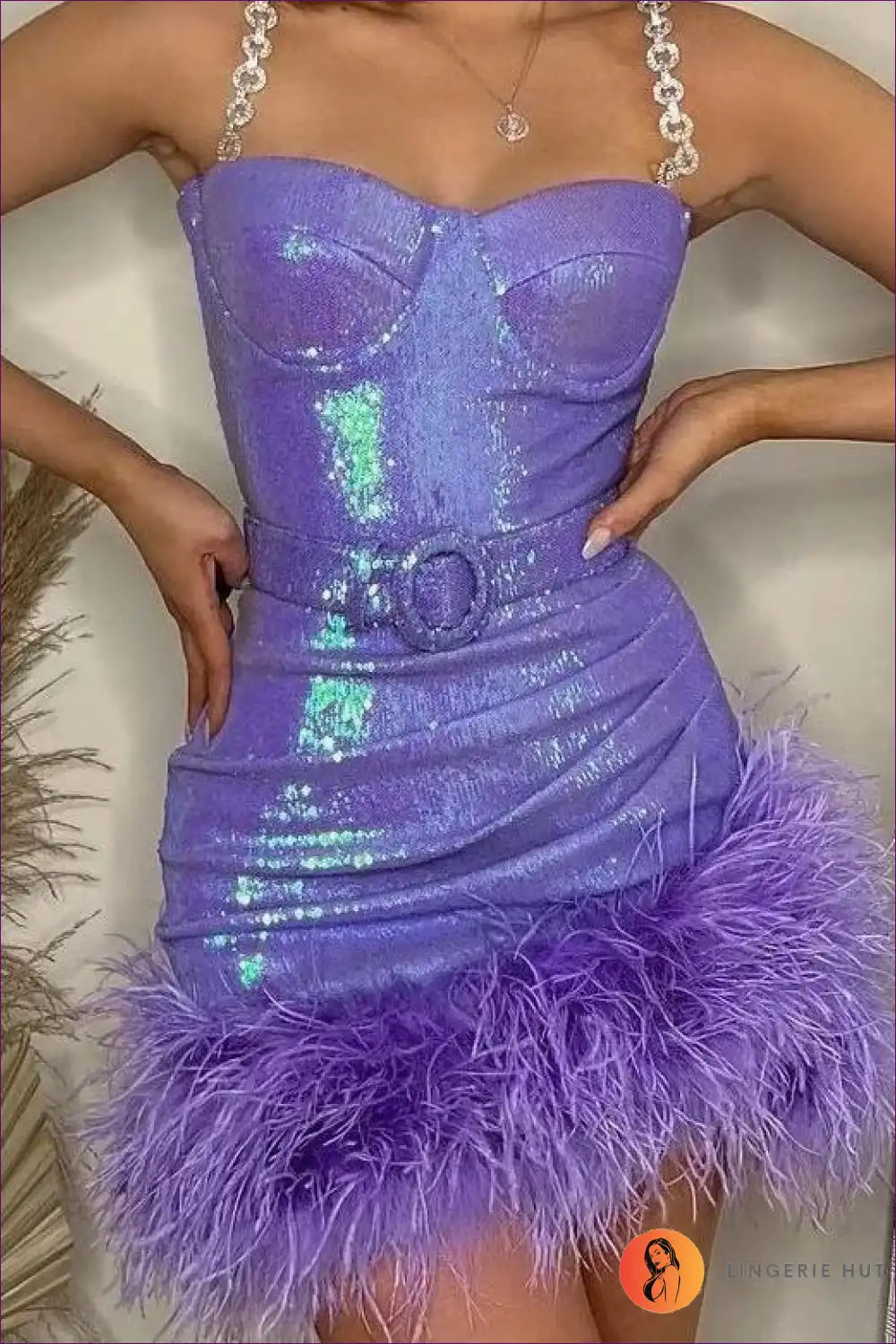 Unleash Your Inner Diva With Lingerie Hut’s Sensational Sequin Sheath Feather Pleated Dress. Limited Stock.