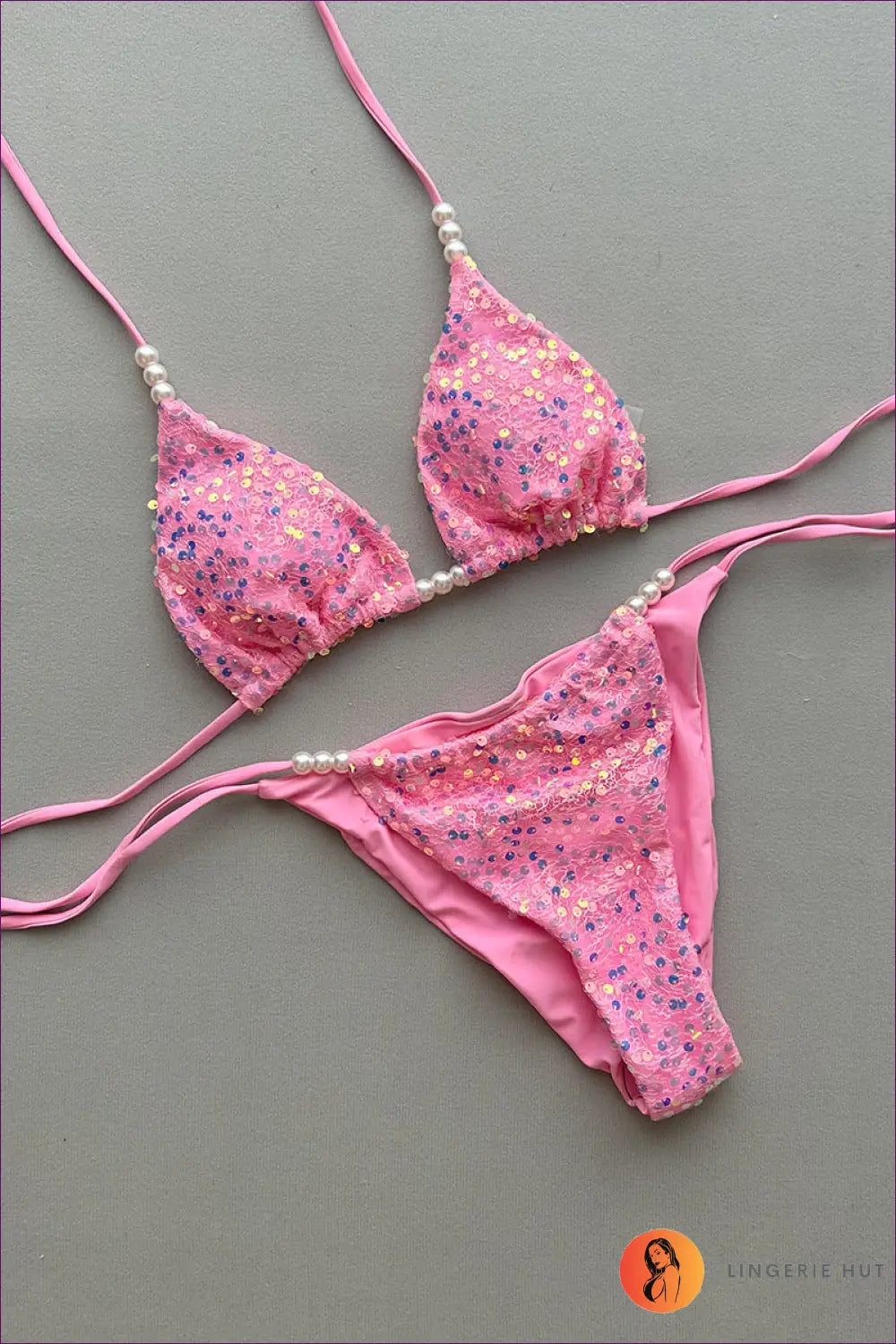 Sequin Bikini with Pearl Straps - Festival Glamour Edit - s / Pink - Lingerie Hut - Beachwear • Casual • Party