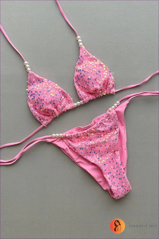 Sequin Bikini with Pearl Straps - Festival Glamour Edit - s / Pink - Lingerie Hut - Beachwear • Casual • Party