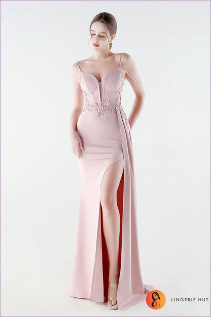 Sequin Bodycon Mermaid Maxi Dress - Feather Strap Detail - s / Pink - Cutout • Elegant • just in - Yenyu