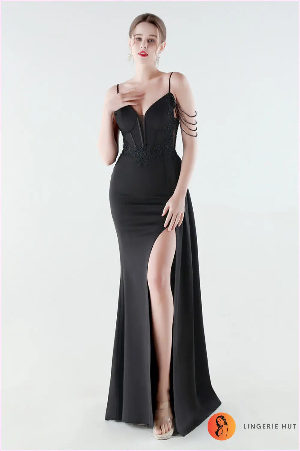 Sequin Bodycon Mermaid Maxi Dress - Feather Strap Detail - s / Black - Cutout • Elegant • just in - Yenyu