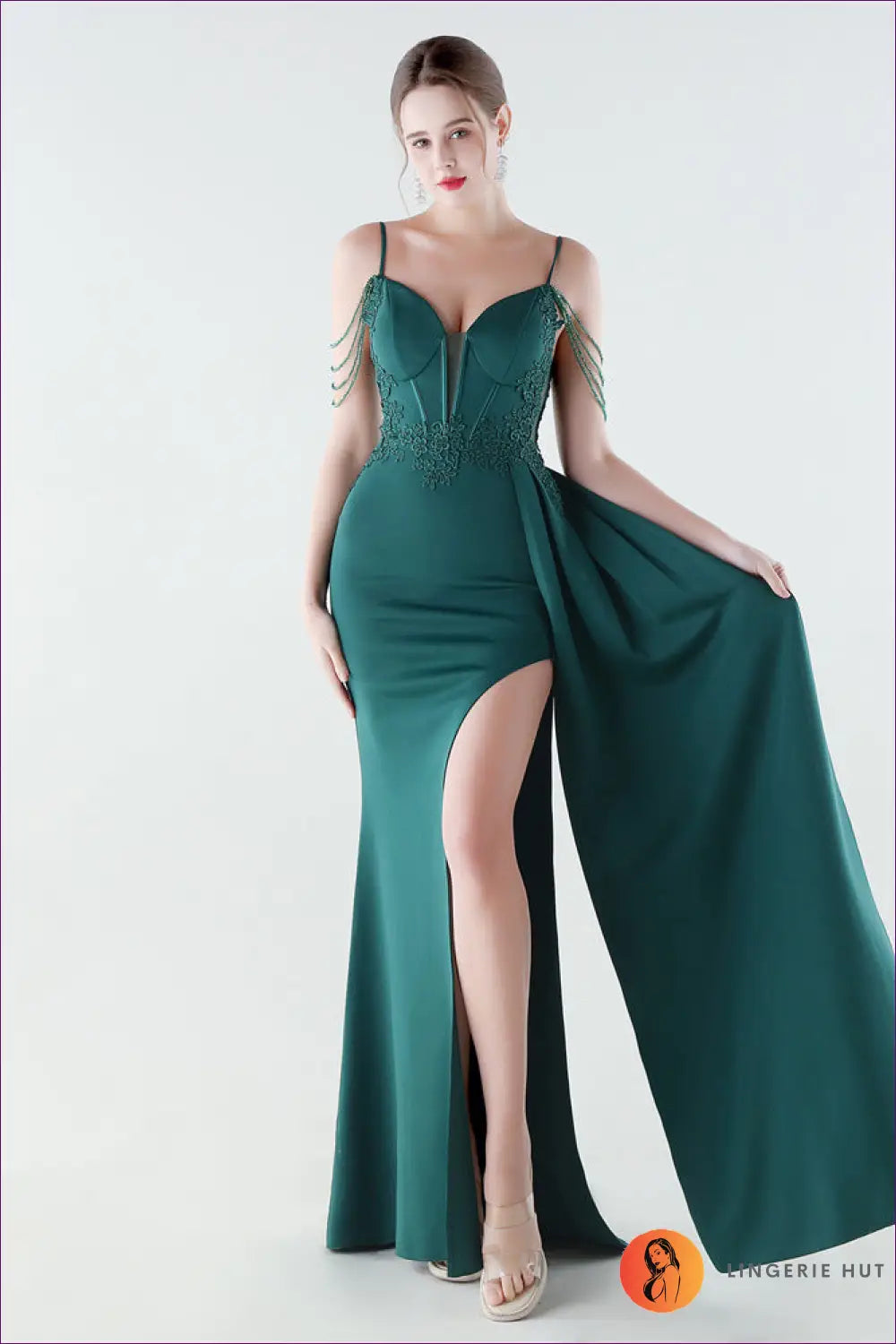 Sequin Bodycon Mermaid Maxi Dress - Feather Strap Detail - s / Blackish Green - Cutout • Elegant • just in - Yenyu