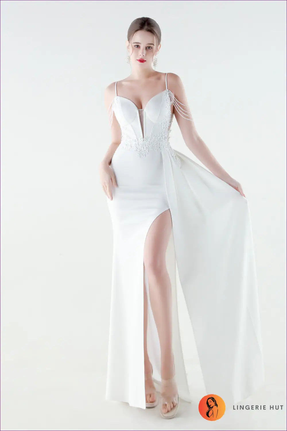 Sequin Bodycon Mermaid Maxi Dress - Feather Strap Detail - s / White - Cutout • Elegant • just in - Yenyu