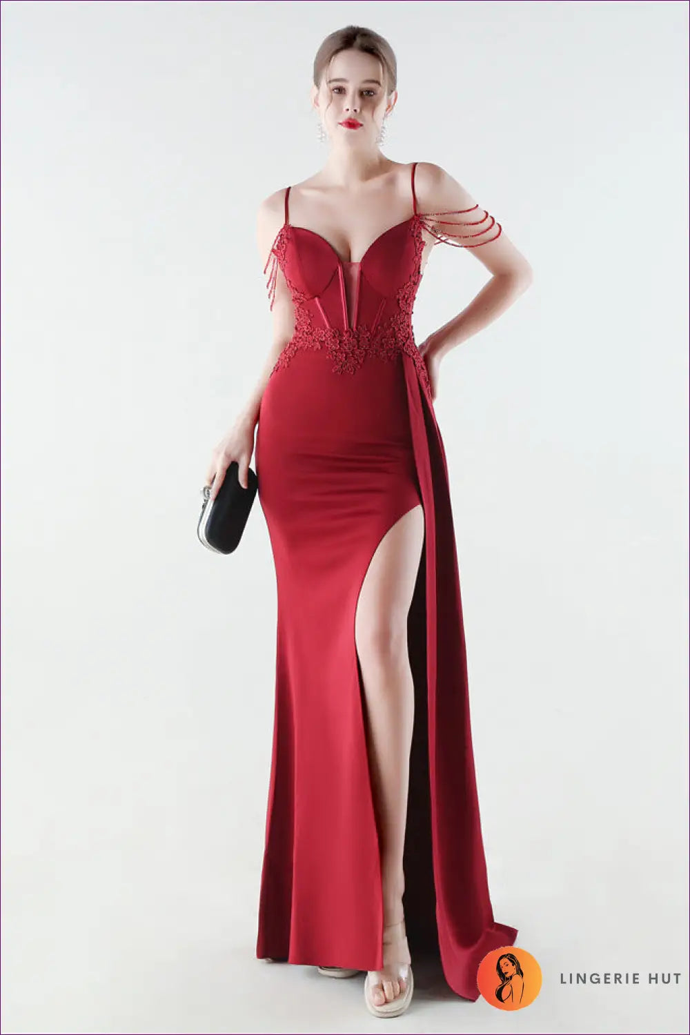 Sequin Bodycon Mermaid Maxi Dress - Feather Strap Detail - s / Jujube Red - Cutout • Elegant • just in - Yenyu