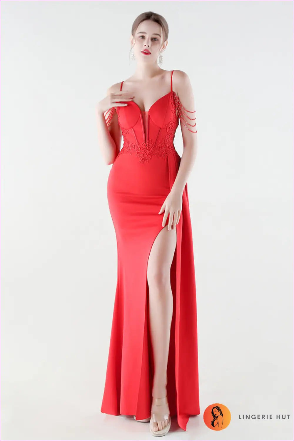 Sequin Bodycon Mermaid Maxi Dress - Feather Strap Detail - s / Red - Cutout • Elegant • just in - Yenyu
