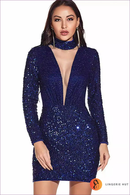 Sequin Bodycon Mini Dress with Deep v Neck - Party Glam for Bodycon, Choker, Clubwear, Date Night, Evening