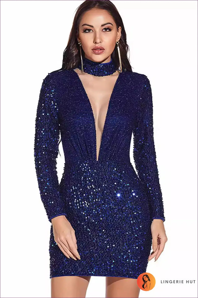 Sequin Bodycon Mini Dress with Deep V Neck - Party Glam