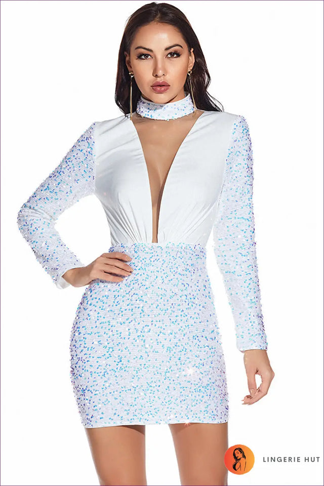 Sequin Bodycon Mini Dress with Deep V Neck - Party Glam