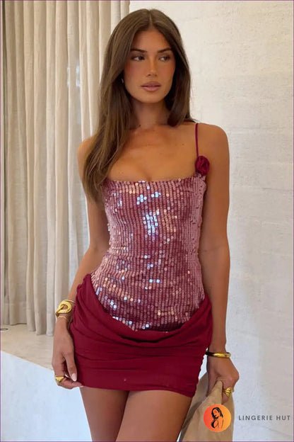 Sequin Bodycon Mini Dress with Ruched Skirt - Party-ready Glamour - s / Burgundy - Dresses - Lingerie Hut - Clubwear