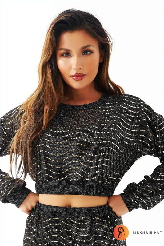 Sequin Crop Sweatshirt & Glossy Track co Ord - Fun Fashion Energy - Outfit Sets - Lingerie Hut - Activewear • Autumn