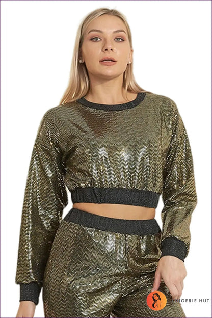 Sequin Crop Sweatshirt & Glossy Track co Ord - Fun Fashion Energy - s / Gold - Outfit Sets - Lingerie Hut - Activewear