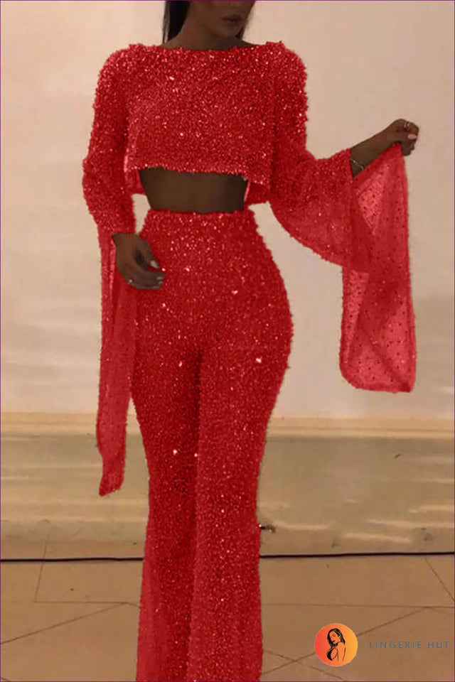 Sequin Co Ord Set with Cape Sleeves - Statement Glamour